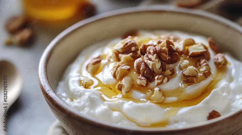 Creamy Yogurt Topped With Honey And Walnuts Creamy Yogurt Topped With Honey And Walnuts