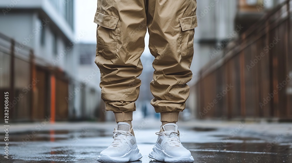 Urban fashion, cargo pants, white sneakers, rainy city street Urban fashion, cargo pants, white sneakers, rainy city street