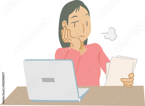 請求書を見てため息をつく女性