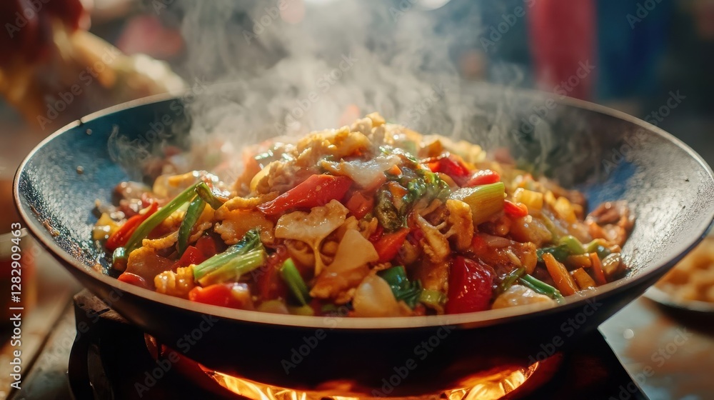 Steaming Wok Filled With Delicious Asian Stir Fry Steaming Wok Filled With Delicious Asian Stir Fry