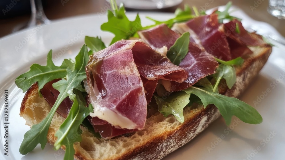 Delicious cured meat and arugula bruschetta Delicious cured meat and arugula bruschetta