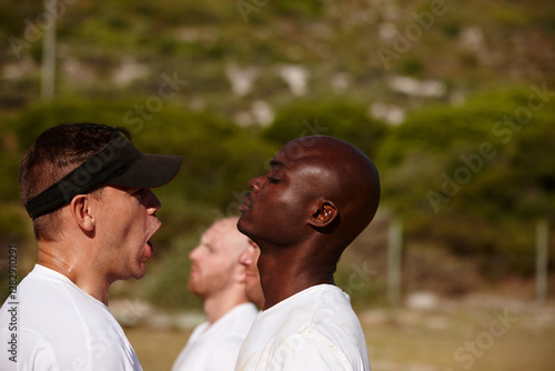Bilde på lerret Army, bootcamp and drill sergeant with recruit outdoor for discipline, instruction or training