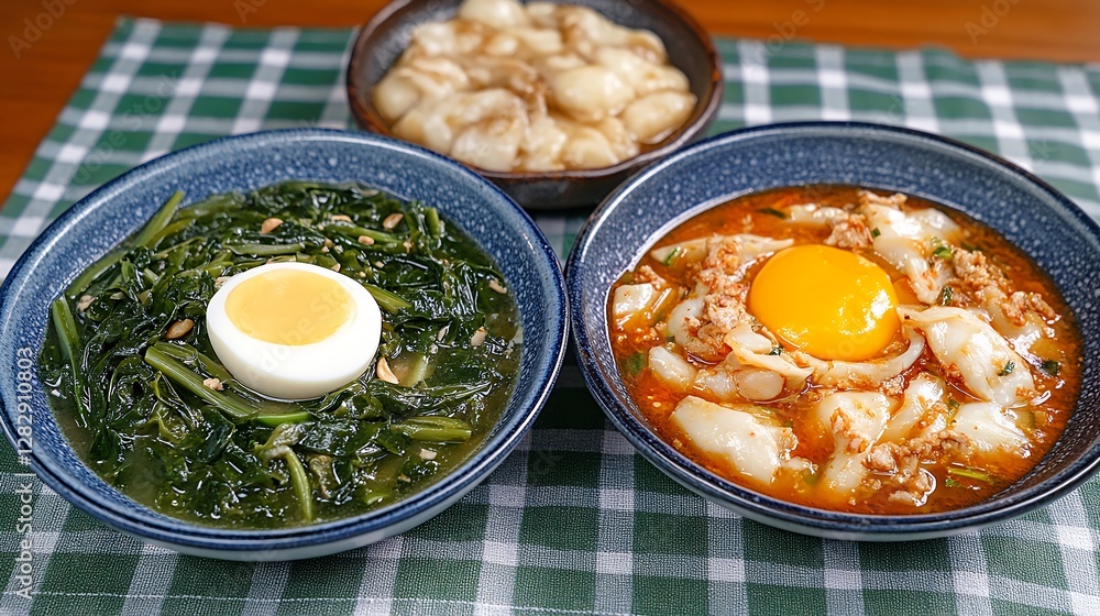 Traditional Korean Dishes Featuring Seaweed Salad and Egg Topped Noodle Soup on Checkered Tablecloth Traditional Korean Dishes Featuring Seaweed Salad and Egg Topped Noodle Soup on Checkered Tablecloth