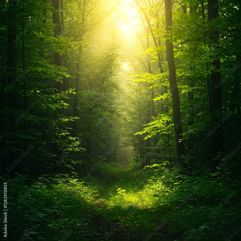 Fototapeta premium A magical forest pathway illuminated by warm golden sunlight filtering through lush green trees, creating a peaceful and enchanting nature scene.