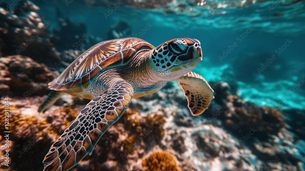 Obraz premium Underwater sea turtle swimming amongst coral reef