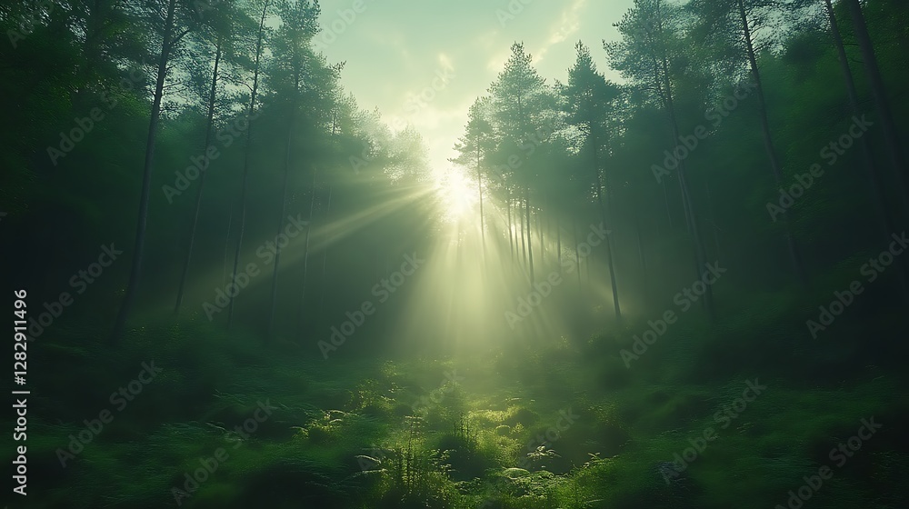 Obraz premium Sunrise through misty forest path