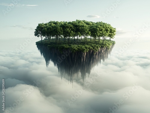 a floating island where the terrain shifts and reorganizes itself, trees and rivers moving in an organic dance, dreamlike atmosphere, ultra-detailed fantasy world photo