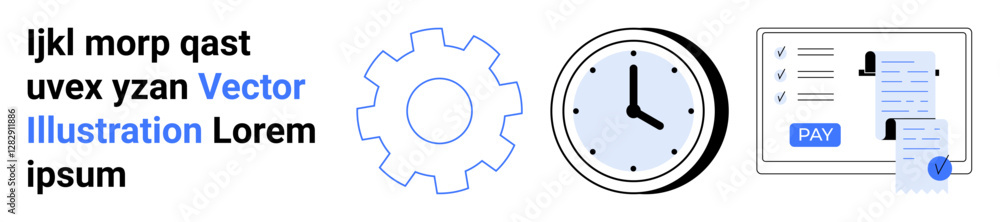 Gear symbol for productivity, clock for time management, and digital form showing payment process. Ideal for business, finance, organization, technology, efficiency, deadlines abstract line flat Gear symbol for productivity, clock for time management, and digital form showing payment process. Ideal for business, finance, organization, technology, efficiency, deadlines abstract line flat