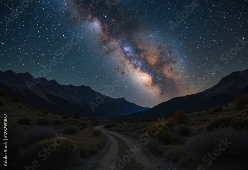 Starlit pathway through mountains under the Milky Way sky