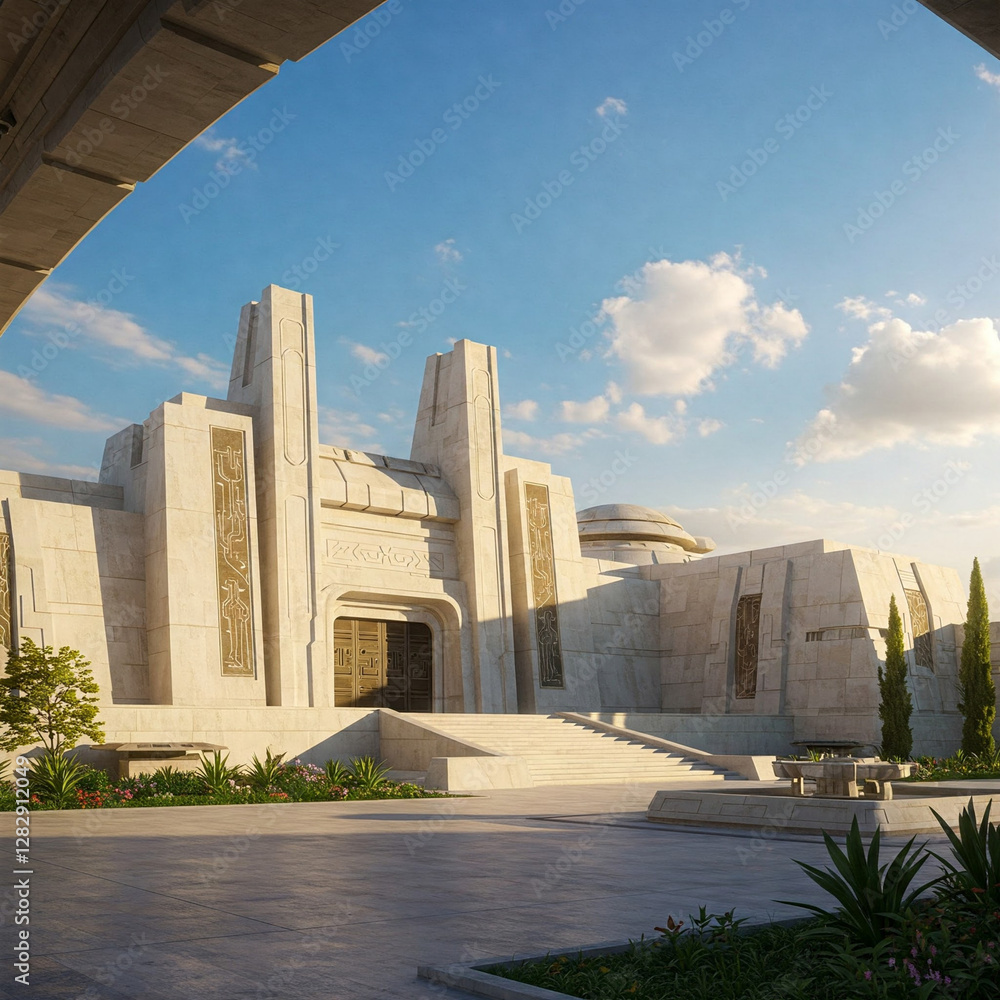 Obraz premium A beautifully designed modern stone structure with grand columns, elegant details, and a warm sunset in the background.