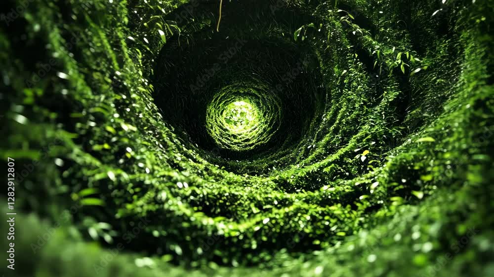 Lush green tunnel of foliage creates a mesmerizing natural vortex in a peaceful forest setting