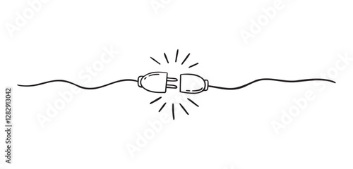 Plug inserting into electric outlet. Power socket disconnect doodle hand drawn icon. Outline drawing 404 error connection concept line clipart symbol