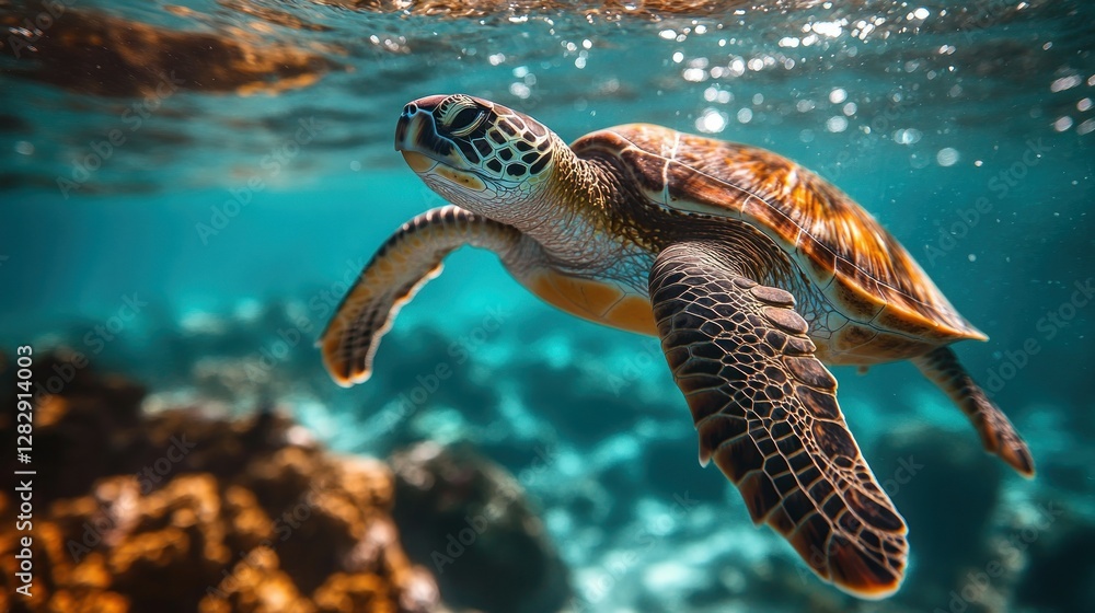 Fototapeta premium Underwater sea turtle swimming over coral reef (6)