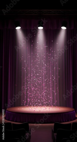 Empty stage with bright pink spotlights, confetti. Ideal for celebrating star at concert award ceremony. Purple dimensional, magenta, colours, studio, theatre,dimensional effect highlights glow, shine