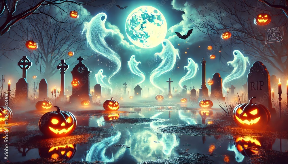 A spooky and whimsical Halloween scene set under a glowing full moon in a misty, haunted graveyard A spooky and whimsical Halloween scene set under a glowing full moon in a misty, haunted graveyard