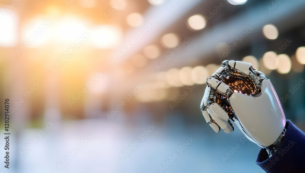 Robotic hand holding a sphere in a modern office building, showcasing technological advancement and future innovation for business and technology websites Robotic hand holding a sphere in a modern office building, showcasing technological advancement and future innovation for business and technology websites
