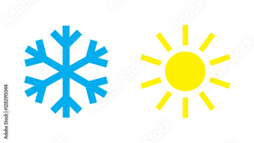 Snowflake and sun icons representing cold and warm temperature extremes isolated on a white background for climate design.
