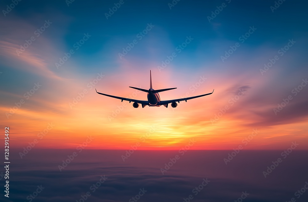 Skybound Silhouette: An airplane takes flight against a dramatic sky, capturing the awe of air travel with its vibrant colors. This image embodies travel. Skybound Silhouette: An airplane takes flight against a dramatic sky, capturing the awe of air travel with its vibrant colors. This image embodies travel.