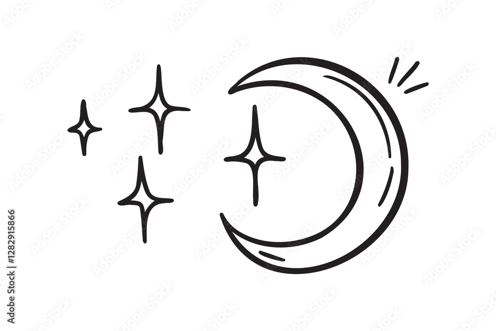Moon and stars doodle hand drawn icon. Outline drawing Moon and stars night line clipart symbol Moon and stars doodle hand drawn icon. Outline drawing Moon and stars night line clipart symbol