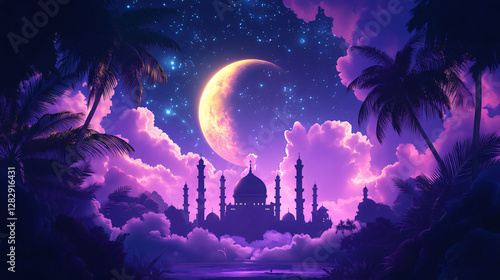 Beautiful Mosque Silhouette Shines Beneath a Crescent Moon and Stars