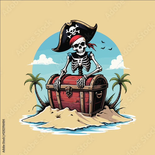 A pirate skull and a parrot are sitting on a wooden chest.