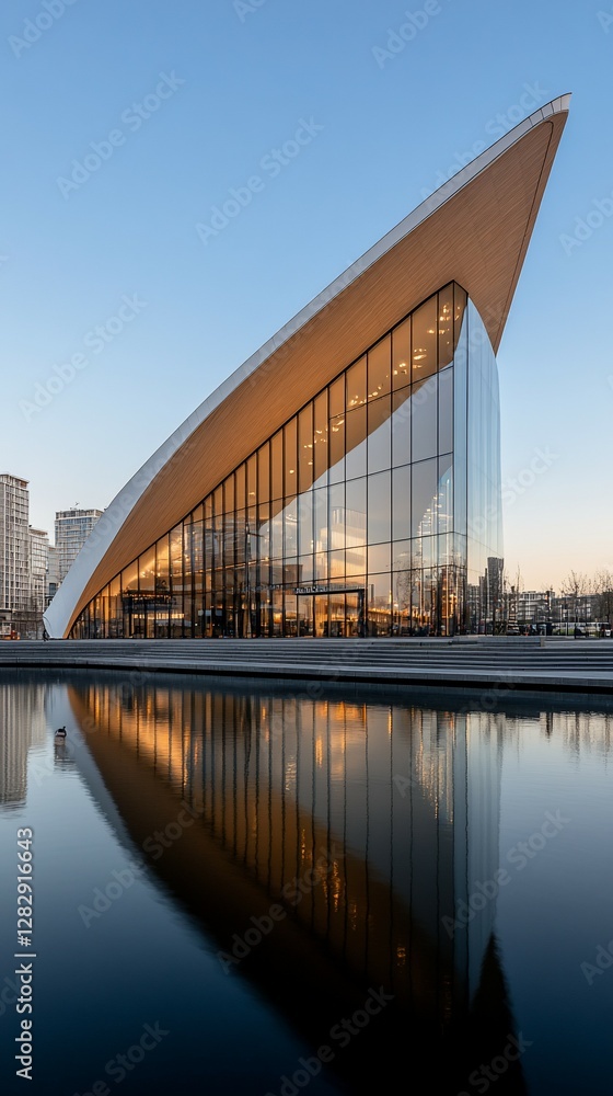 Fototapeta premium Modern building sunset reflection water