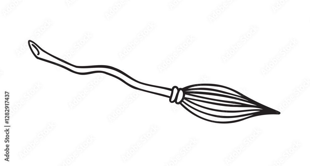 Obraz premium witch broom doodle hand drawn icon. Outline drawing witch broom line clipart symbol. Halloween magic broom. 