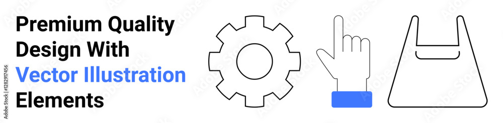 Gear icon, hand pointing upward, and eco shopping bag in minimalist style. Ideal for technology, hand gestures, retail, eco-friendly products, minimal design, business themes flat landing page Gear icon, hand pointing upward, and eco shopping bag in minimalist style. Ideal for technology, hand gestures, retail, eco-friendly products, minimal design, business themes flat landing page