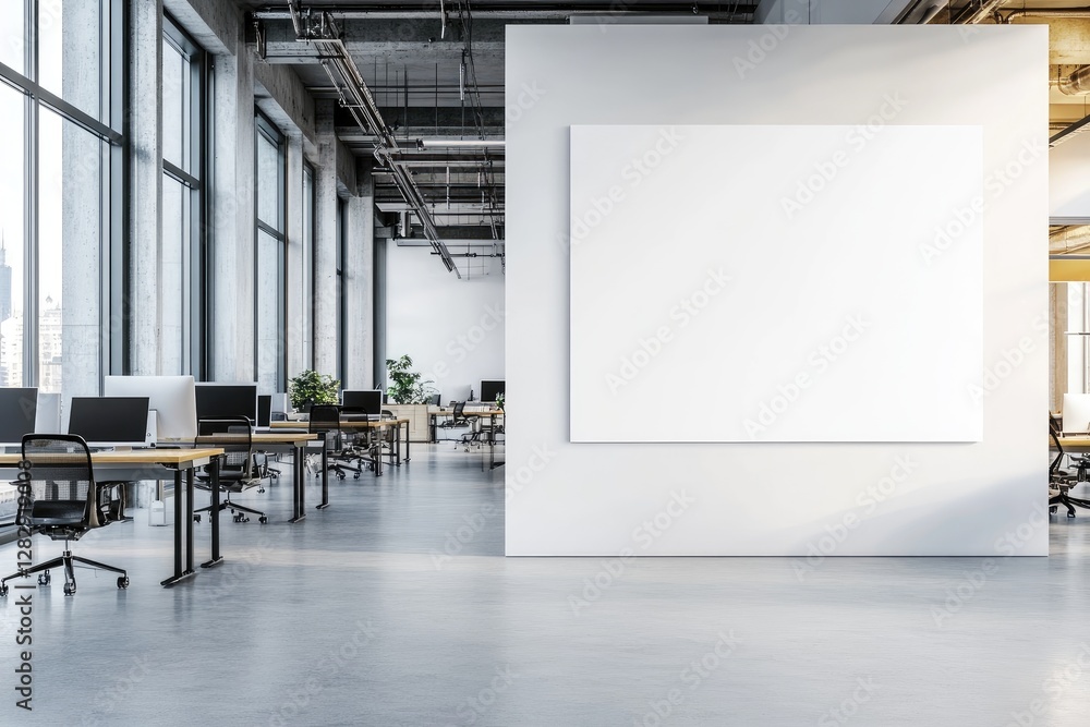 Modern office, blank canvas, city view, workspace, mockup Modern office, blank canvas, city view, workspace, mockup
