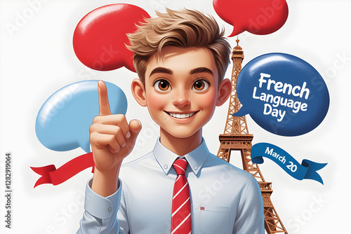 A vibrant and surreal cinematic illustration celebrating French Language Day, featuring a cheerful young man with expressive brown eyes, short light brown hair, and a bright smile. 