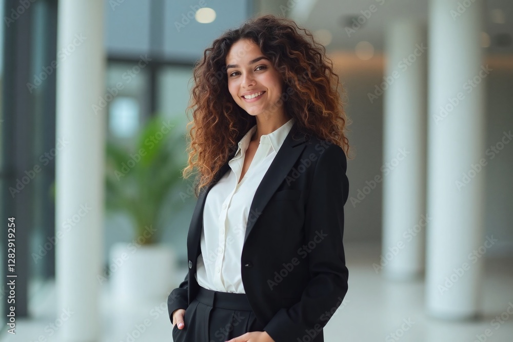 Fototapeta premium Young woman curly hair black blazer indoor space hands in pockets