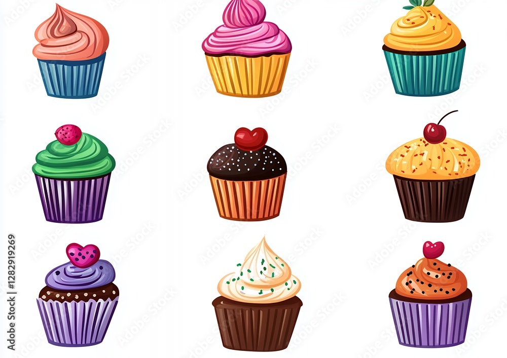 Vibrant Arrangement of Colorful Cupcakes with Various Toppings and Decorations Vibrant Arrangement of Colorful Cupcakes with Various Toppings and Decorations