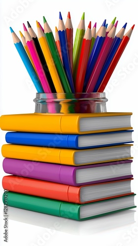 Vibrant Arrangement of Colored Pencils in Jar on Top of a Stack of Books