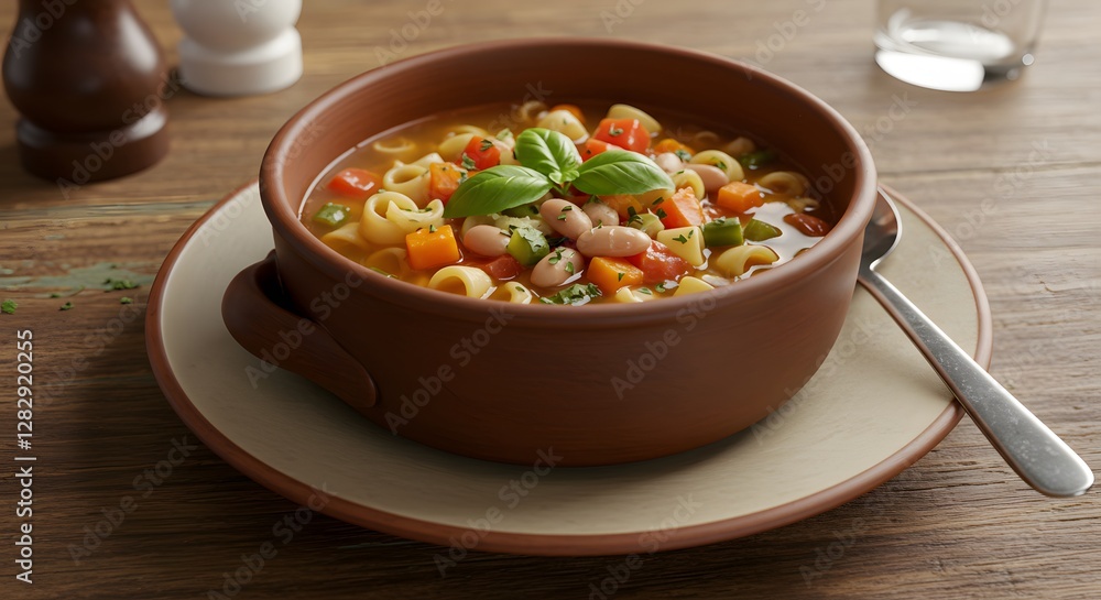 Hearty Minestrone Soup with Pasta and Vegetables in Rustic Bowl Hearty Minestrone Soup with Pasta and Vegetables in Rustic Bowl