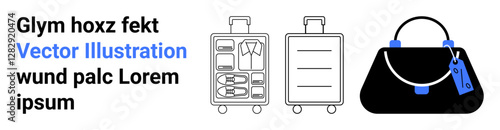 Rolling suitcases, detailed contents of packed luggage, and a handbag with a hanging tag. Ideal for travel, vacation planning, business trips, organization, personal belongings, minimalism flat