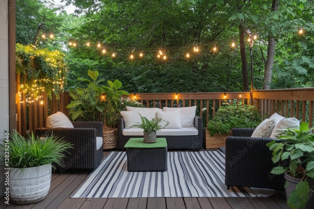Fototapeta premium Evening patio decor, furnished deck, string lights, lush greenery