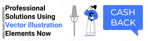 Text promoting cashback offers, corn symbol, person holding umbrella, cashback speech bubble. Ideal for promotions, agriculture, sustainability, finance, marketing campaigns discounts flat landing