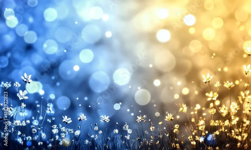 Vibrant floral landscape with blue and orange bokeh background, evoking a serene atmosphere