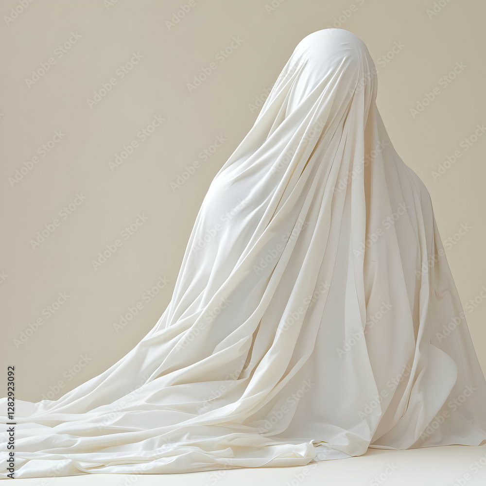 Seated figure draped in white fabric against a neutral backdrop; studio shot for artistic or conceptual use Seated figure draped in white fabric against a neutral backdrop; studio shot for artistic or conceptual use