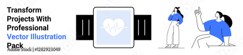 Smartwatch displaying heart rate with two individuals interacting in casual poses. Ideal for health apps, tech innovation, wearable devices, fitness, social media, lifestyle, and flat landing page