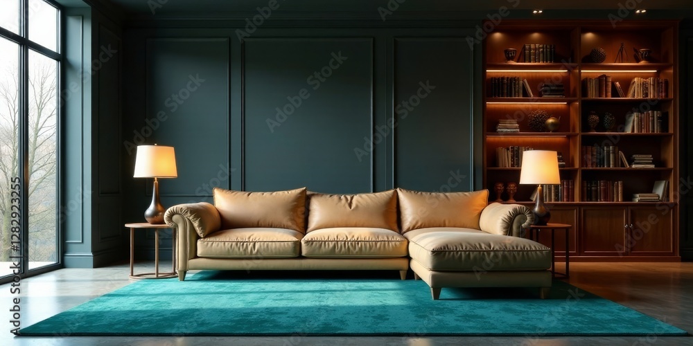 Relaxing Modern Sectional Sofa in a Sophisticated Living Room with Teal Rug and Built-in Bookcases Relaxing Modern Sectional Sofa in a Sophisticated Living Room with Teal Rug and Built-in Bookcases