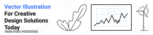 Leaf design, upward trend graph, wind turbine symbolizing eco-friendly progress. Ideal for sustainability, renewable energy, economics, innovation, environment, technology flat landing page banner