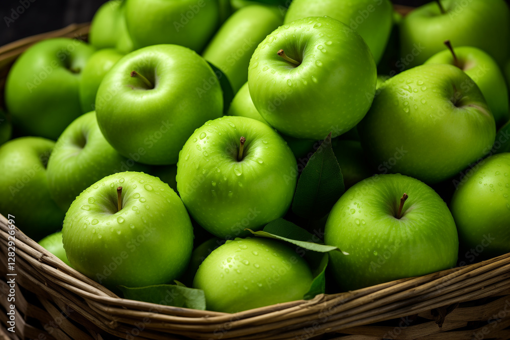 Green apples in a basket with water on the surface. Green apples in a basket with water on the surface.