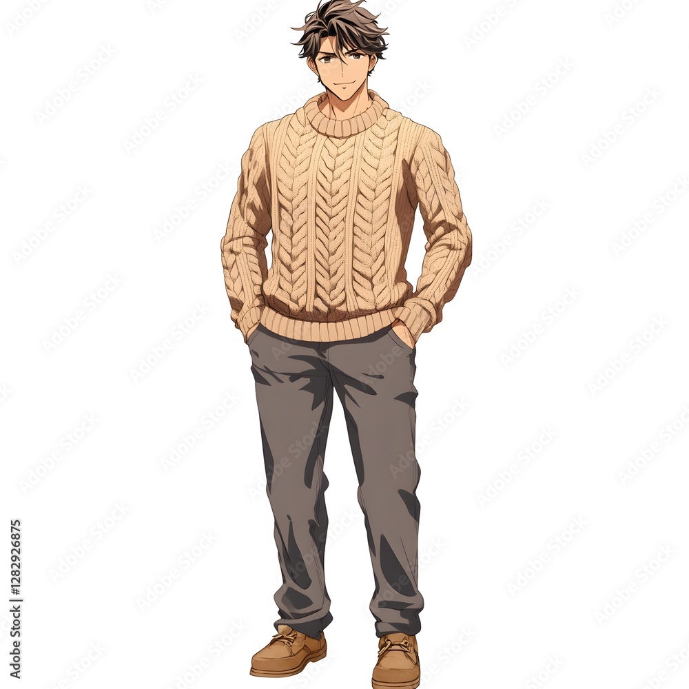 Anime-Style Young Man in Sweater and Jeans Standing Casually on white background Anime-Style Young Man in Sweater and Jeans Standing Casually on white background