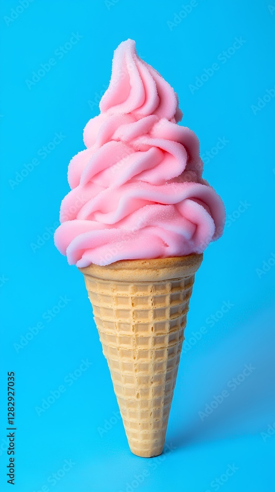 Delicious pink soft serve ice cream in a waffle cone on blue background Delicious pink soft serve ice cream in a waffle cone on blue background