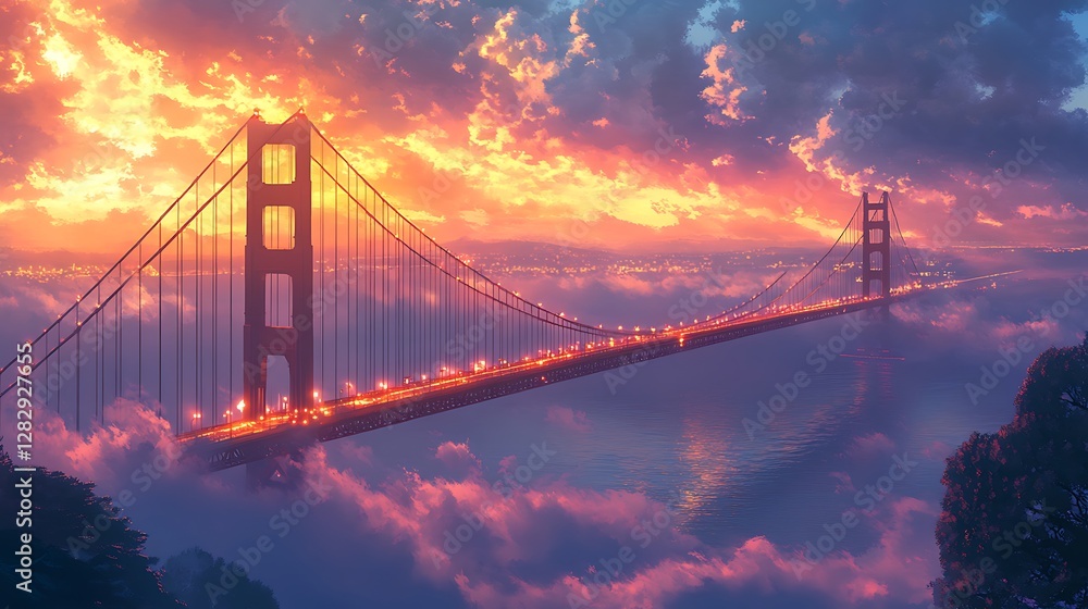 Fototapeta premium Anime-style Golden Gate Bridge, bathed in soft morning light, dense fog swirling around the structure, vibrant colors and intricate details emphasizing the serene and mystical ambiance. --ar 16:9