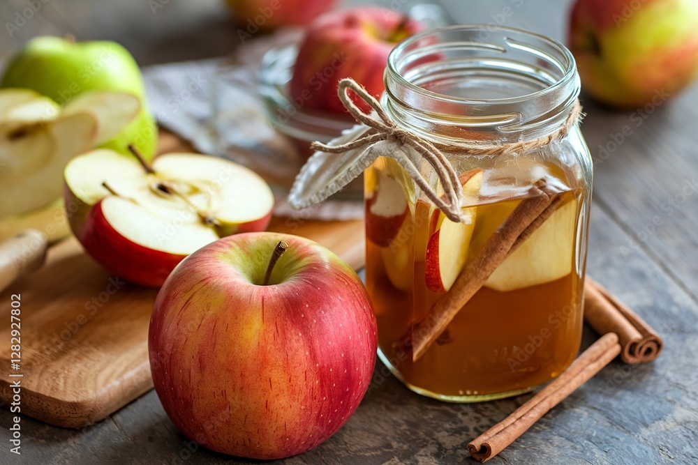 Apple syrup with cinnamon and nutmeg in a jar Apple syrup with cinnamon and nutmeg in a jar