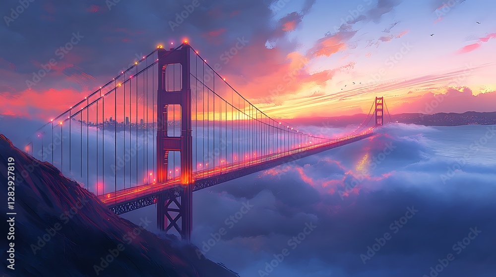 Obraz premium Anime-style Golden Gate Bridge, bathed in soft morning light, dense fog swirling around the structure, vibrant colors and intricate details emphasizing the serene and mystical ambiance. --ar 16:9