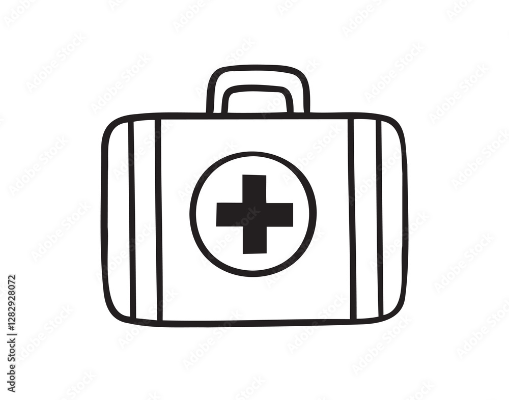First aid kit hand drawn doodle icon. Drawing first aid kit case icon. Treatment, medicine concept. First aid kit hand drawn doodle icon. Drawing first aid kit case icon. Treatment, medicine concept.