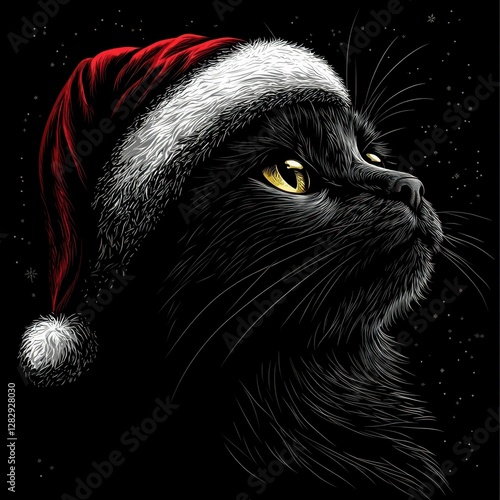 Feline Festive Portrait Black Cat Wearing a Santa Hat Holiday Season Animal Celebration Whiskers Art